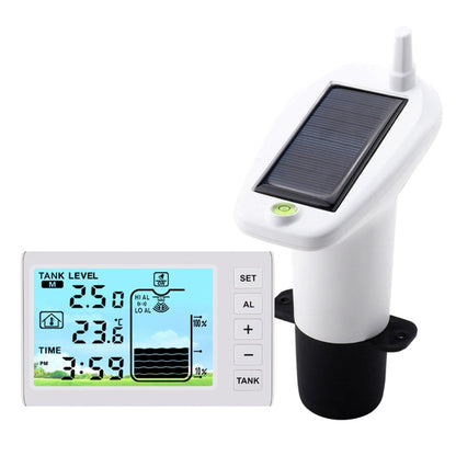 Solar-powered wireless ultrasonic water level monitor by GETDECO with high/low alarms and IP65 waterproof indicator gauge.
