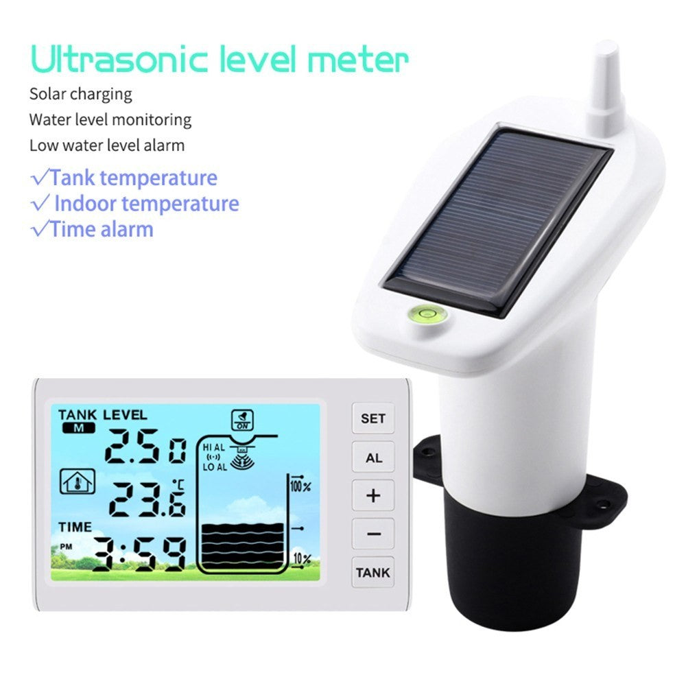 Solar-powered wireless ultrasonic water level monitor with high/low alarm and IP65 waterproof indicator gauge by GETDECO.