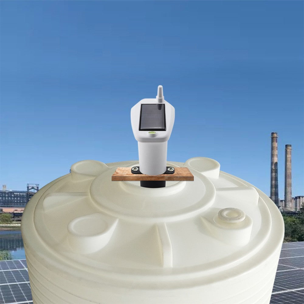 Solar-powered wireless ultrasonic water level monitor by GETDECO with high/low alarms and IP65 waterproof indicator gauge.