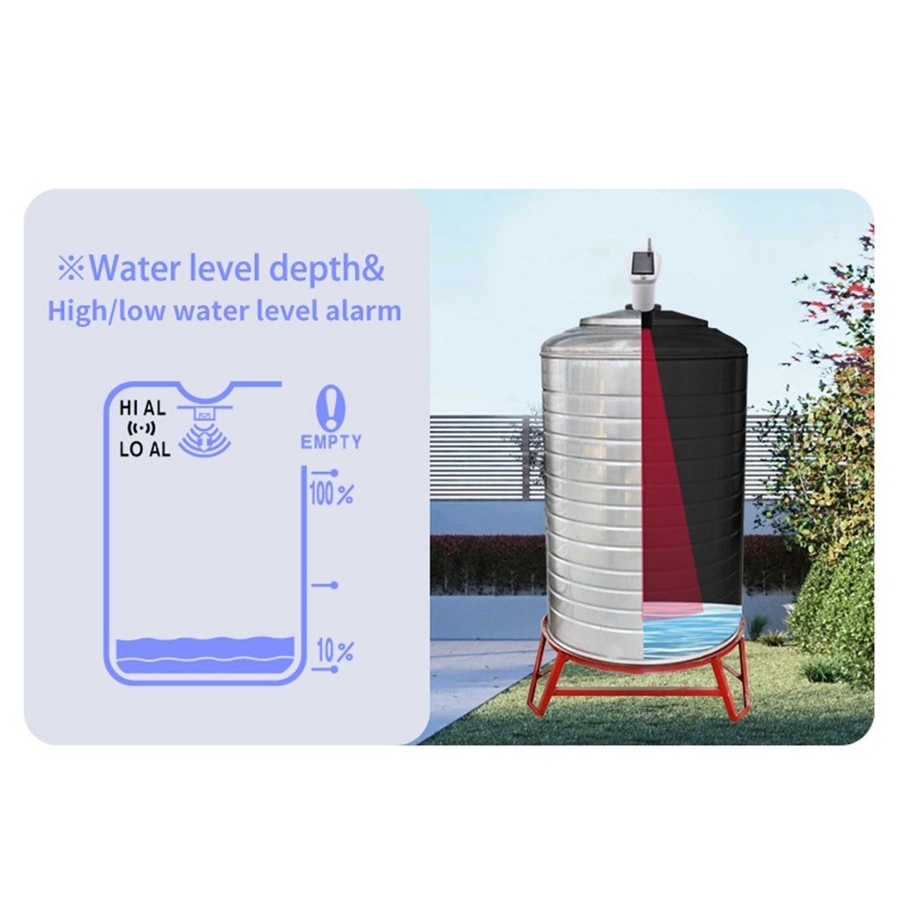Solar-powered wireless ultrasonic water level monitor by GETDECO showing IP65 waterproof indicator gauge with high/low alarms.