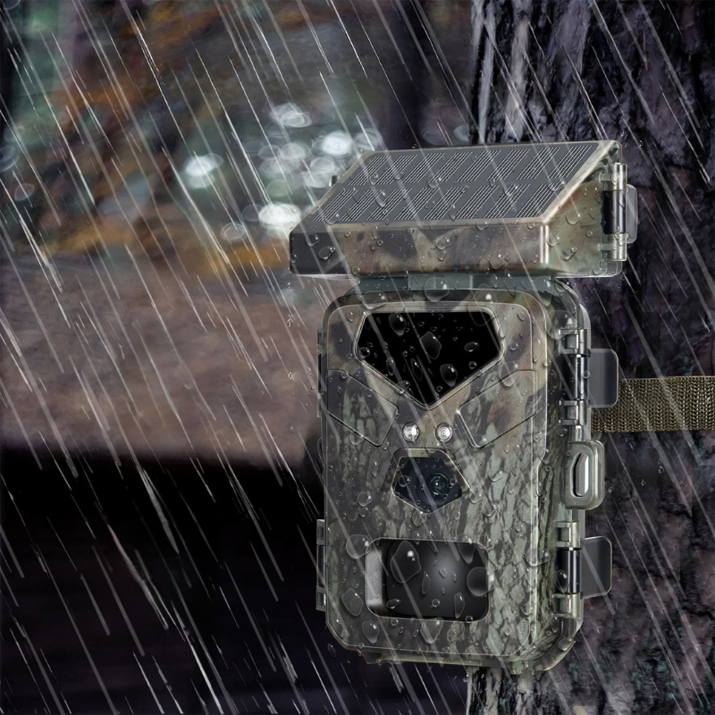 Belro compact solar-powered trail camera with solar panel, black housing, and lens for wildlife monitoring and outdoor security.