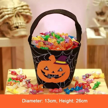 Belro Halloween treat bags candy bucket featuring a spider web and pumpkin design, perfect for festive food storage and trick-or-treating.