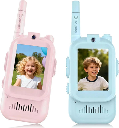Belro children's 2-pack video walkie talkies, colorful electronic audio devices for kids, with buttons and antenna visible in the image.
