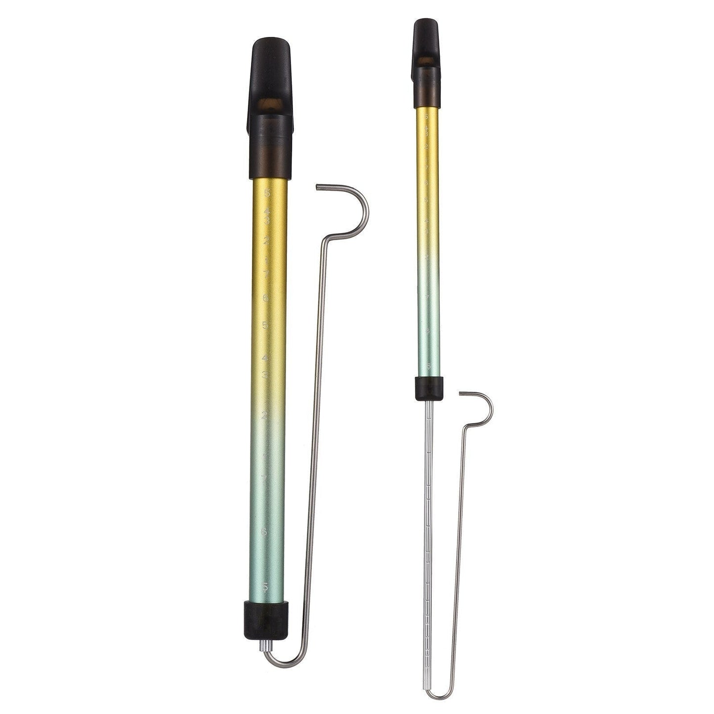 Steel slide whistle musical toy by GETDECO, featuring a shiny metal body and adjustable slide for fun sound effects.