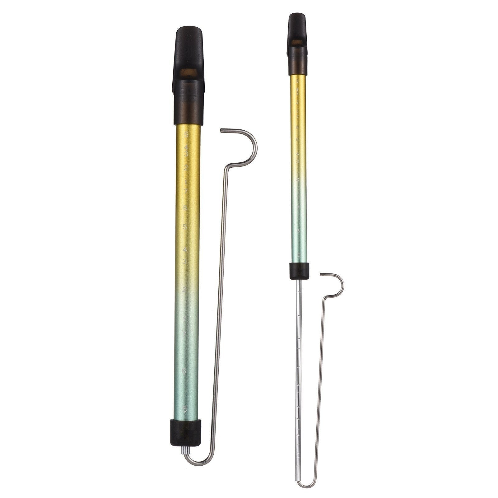 Steel slide whistle musical toy by GETDECO, featuring a shiny metal body and adjustable slide for fun sound effects.