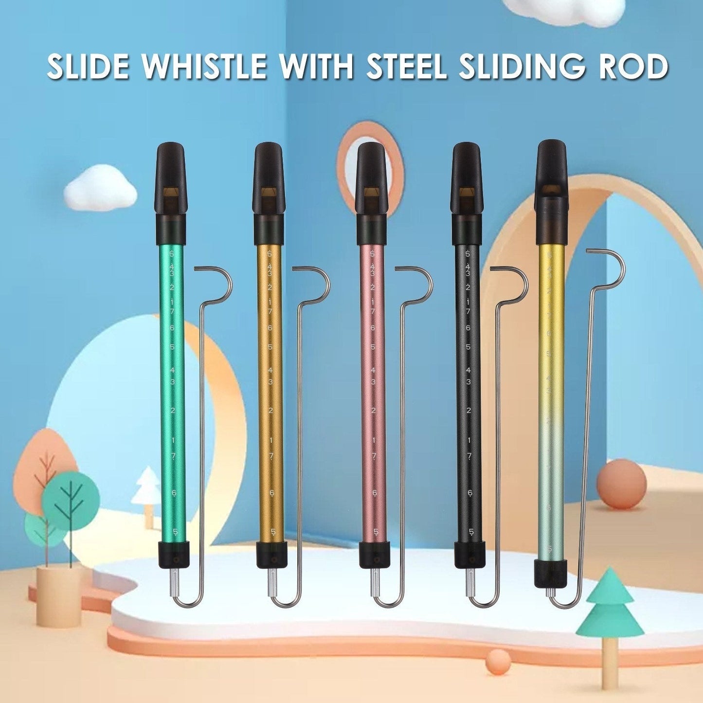 Steel slide whistle musical toy by GETDECO, featuring a sleek metal design and adjustable slide for playful sound effects.