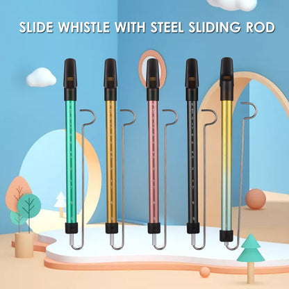 Steel slide whistle musical toy by GETDECO, featuring a sleek metal design and adjustable slide for playful sound effects.
