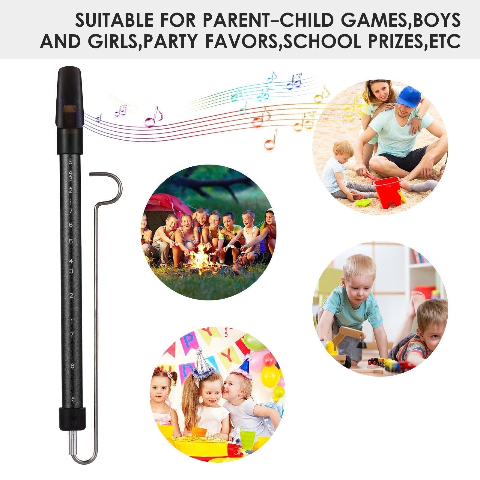 Steel slide whistle musical toy by GETDECO, featuring a shiny metal design and adjustable slide for playful sound effects.