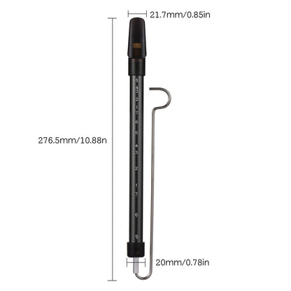 Steel slide whistle musical toy by GETDECO, featuring a shiny metal body and adjustable slide for playful sound effects.