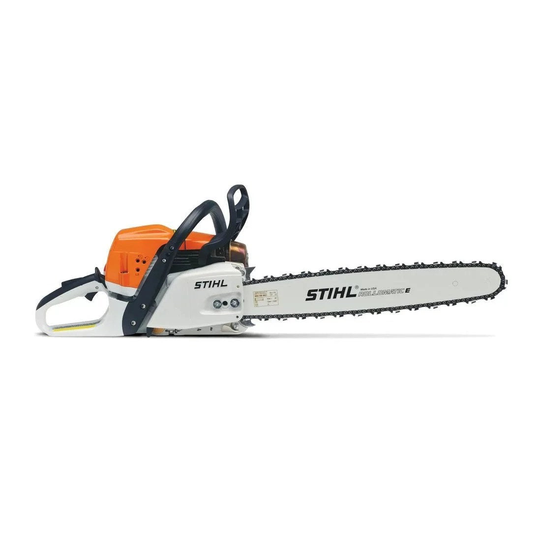 Stihl MS 362 professional chainsaw with a rugged metal body and sharp guide bar for heavy-duty cutting tasks.