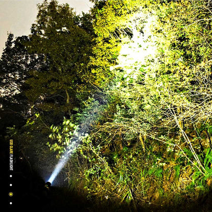 Belro USB powerful flashlight torch with LED bulb, black handheld electronic flashlight on a plain background.