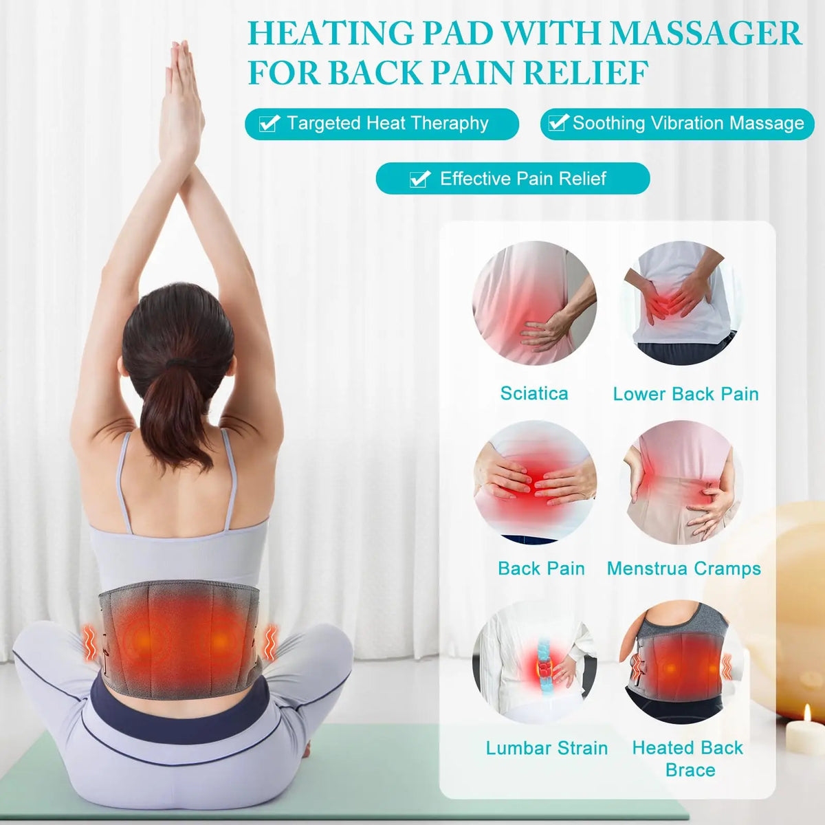 Belro heating pad and lower back massager showing flexible design and control settings for targeted pain relief.