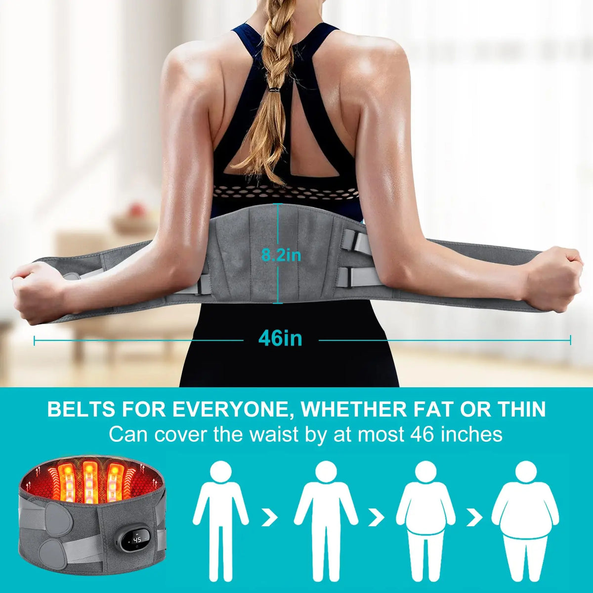 Belro heating pad and lower back massager showing a soft, adjustable fabric cover and control panel on a clean, neutral background.