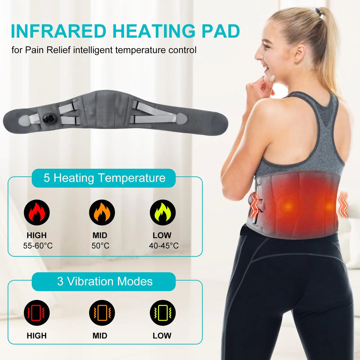 Belro heating pad and lower back massager for pain relief, showing a soft fabric cover and adjustable straps.