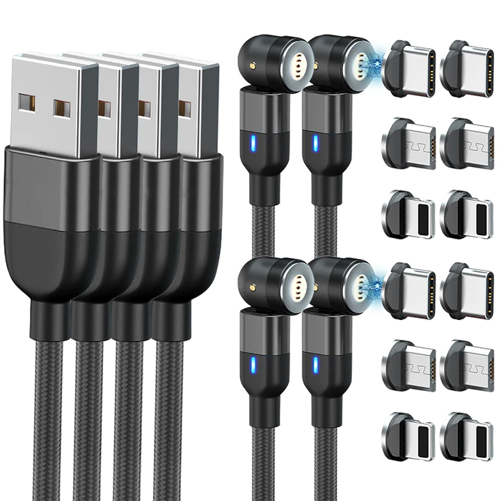 Belro Do-It-All Cable 3.0 4-pack with magnetic 3-in-1 charging cables for iPhone, Android, and Type C devices in black.