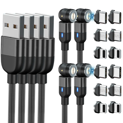Belro Do-It-All Cable 3.0 4-pack with magnetic 3-in-1 charging cables for iPhone, Android, and Type C devices in black.