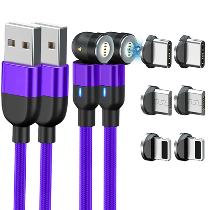 Belro Do-It-All Cable 3.0 magnetic charging cables in purple, compatible with iPhone, Android, and Type C devices, 2-pack.