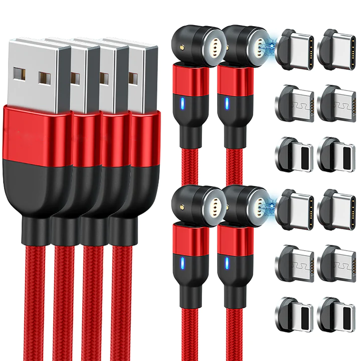 Red Belro Do-It-All Cable 3.0 magnetic charging cables for iPhone, Android, and Type C devices, shown in a 4-pack.