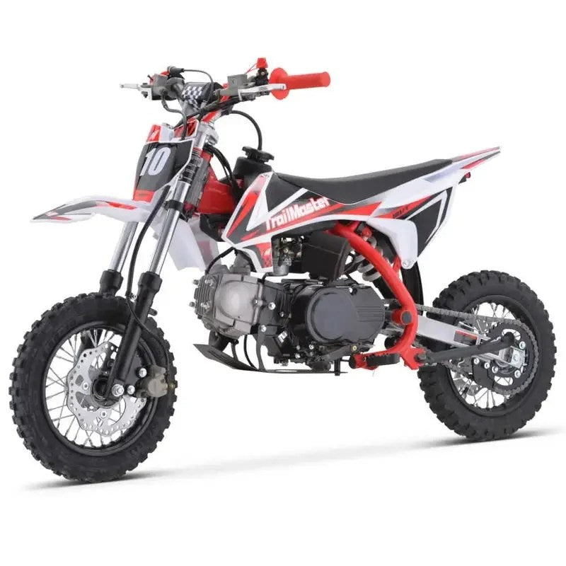 Casavibeo TrailMaster TM10 110cc automatic 4-stroke dirt bike with black frame and knobby tires, designed for off-road riding.