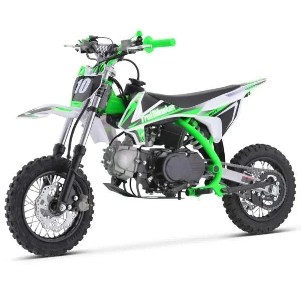 Casavibeo TrailMaster TM10 110cc automatic 4-stroke dirt bike with black frame, knobby tires, and hand grips, ready for off-road riding.