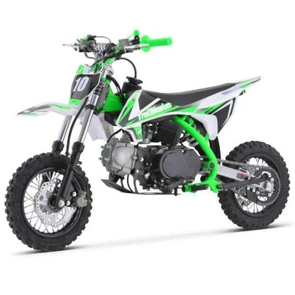Casavibeo TrailMaster TM10 110cc automatic 4-stroke dirt bike with black frame, knobby tires, and hand grips, ready for off-road riding.