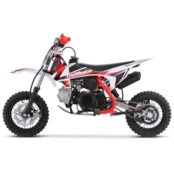 Casavibeo TrailMaster TM10 110cc 4-stroke dirt bike with automatic transmission, black frame, and rugged off-road tires.