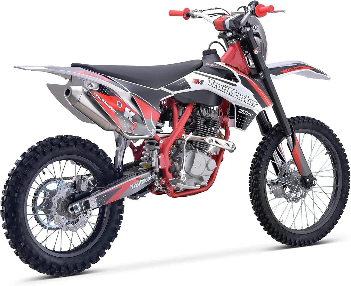Casavibeo TrailMaster TM33 250cc dirt bike with rugged tires, black and red body, and sturdy frame, suitable for off-road racing.