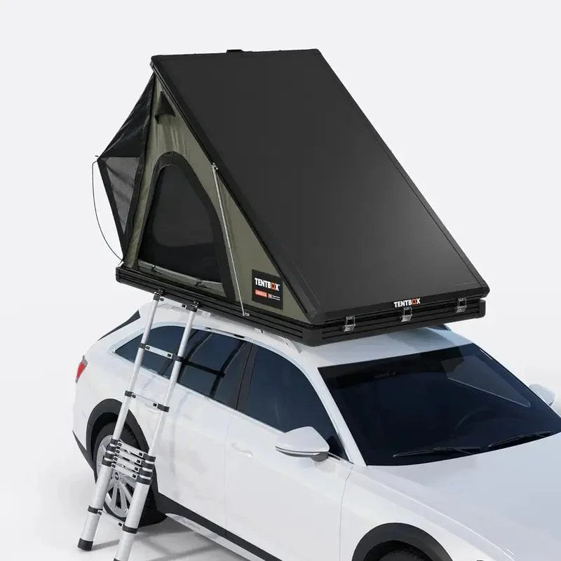 Casavibeo TentBox Cargo 2.0 roof top tent mounted on a vehicle, showcasing its compact design and sturdy construction.