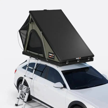 Casavibeo TentBox Cargo 2.0 roof top tent mounted on a vehicle, showcasing its compact design and sturdy construction.