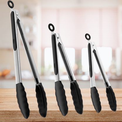 Belro 3-piece silicone kitchen tongs set with stainless steel handles, ideal for cooking, serving, and grilling in the kitchen.
