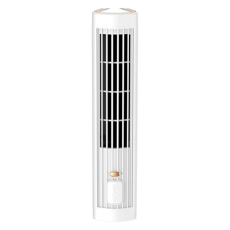 White Belro USB rechargeable portable tower fan with adjustable height and bladeless design for home cooling.