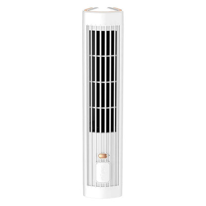 White Belro USB rechargeable portable tower fan with adjustable height and bladeless design for home cooling.