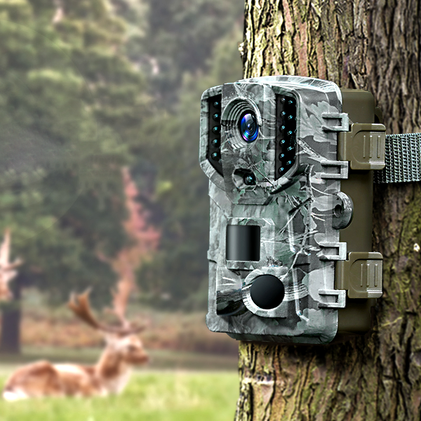 Wireless HD wildlife trail camera with night vision by Belro, showing the compact camera device and its lens for outdoor surveillance.