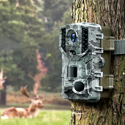 Wireless HD wildlife trail camera with night vision by Belro, showing the compact camera device and its lens for outdoor surveillance.