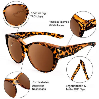 Mivoza fit-over polarized sunglasses with UV protection designed for glasses wearers, showing the over-glasses style and tinted lenses.