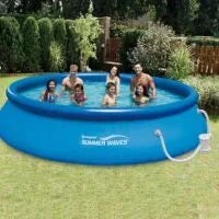 Casavibeo Summer Waves 15ft x 36in inflatable above ground pool set, with clear water and surrounding outdoor setting.
