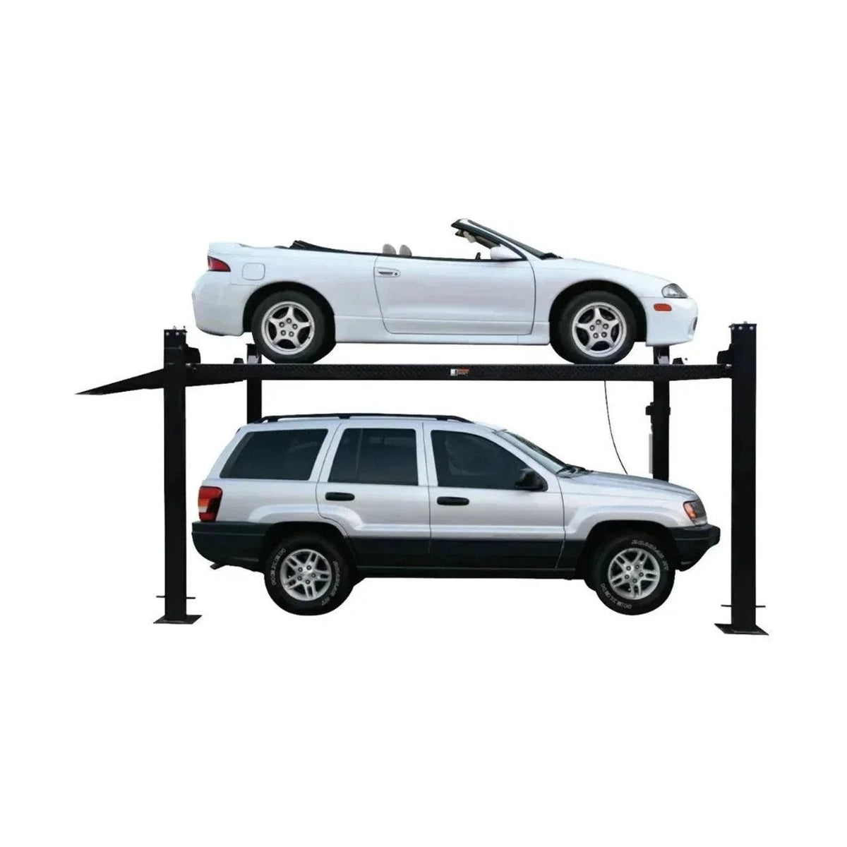 Casavibeo FP8K-DX-XLT 8,000 lb four-post storage lift with extended length and height, shown in a clean garage setting.