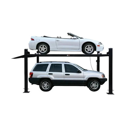 Casavibeo FP8K-DX-XLT 8,000 lb four-post storage lift with extended length and height, shown in a clean garage setting.
