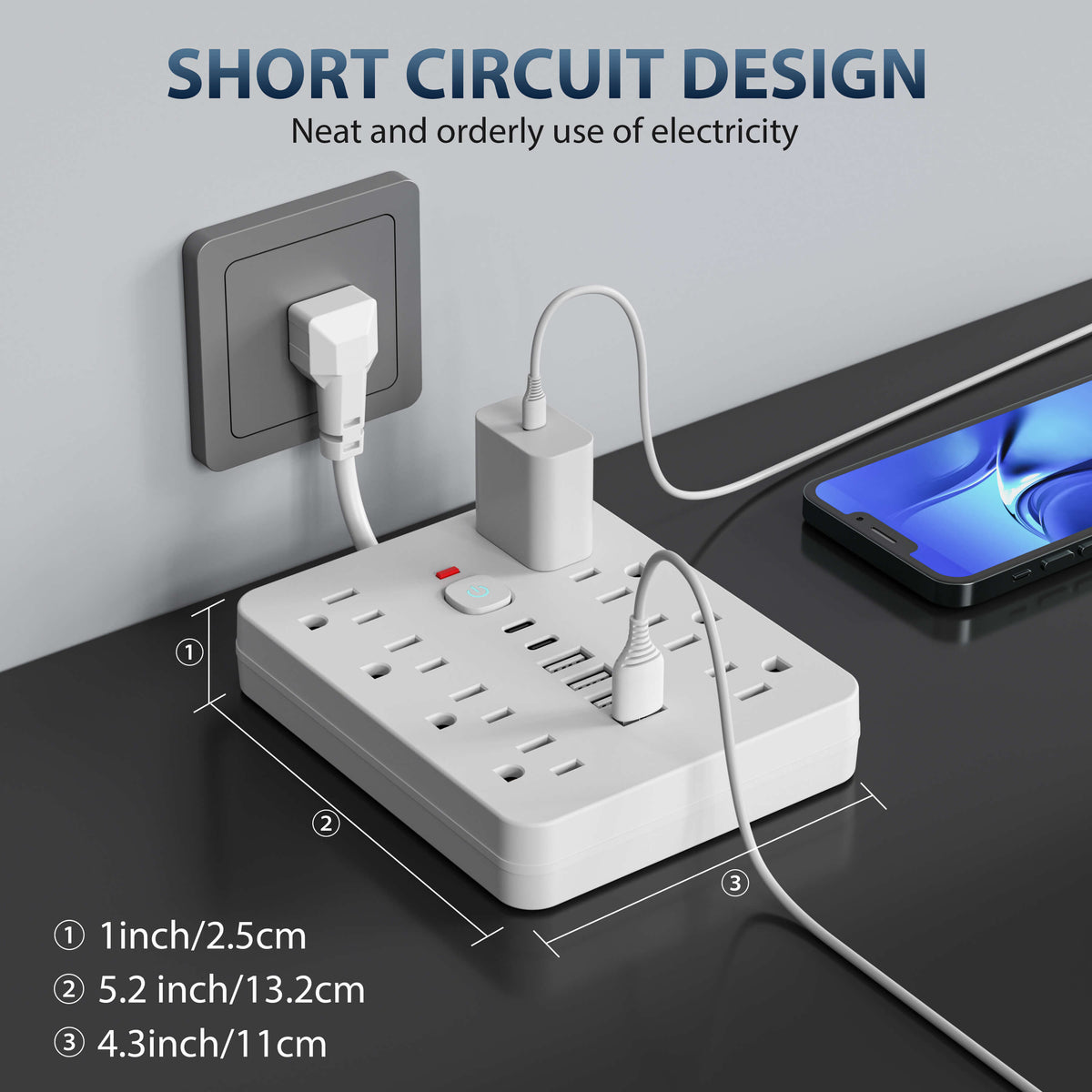 Belro 14-in-1 power strip with surge protection showing multiple outlets and USB ports for electronic devices.