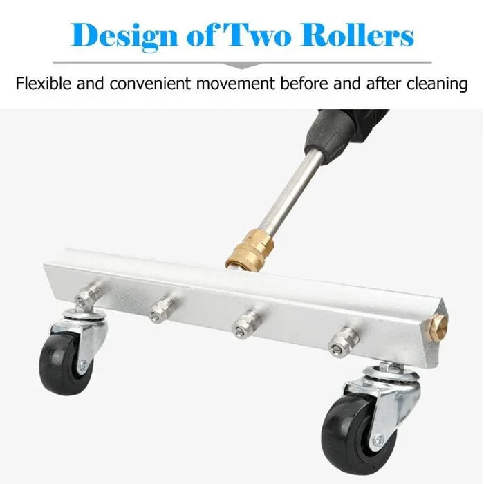 Belro undercarriage car washer attachment with swivel wheels for pressure washing the underside of vehicles.