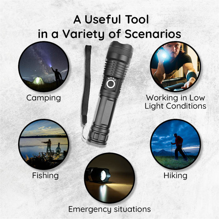 Belro USB powerful flashlight torch with adjustable focus and bright LED light, ideal for outdoor or emergency use.