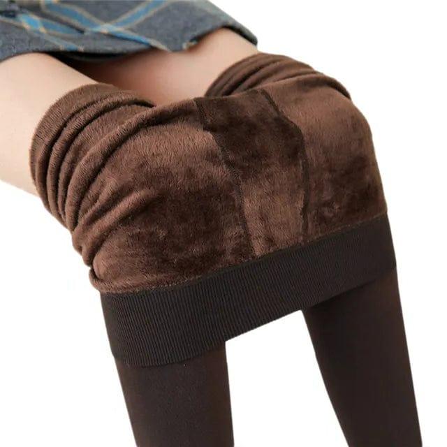 Brown fleece-lined leggings by Belro, close-up view showing soft, cozy fabric and comfortable fit for cold weather.