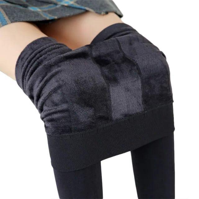 Gray fleece-lined leggings by Belro, close-up view showing soft interior and stretchy waistband for cozy winter wear.