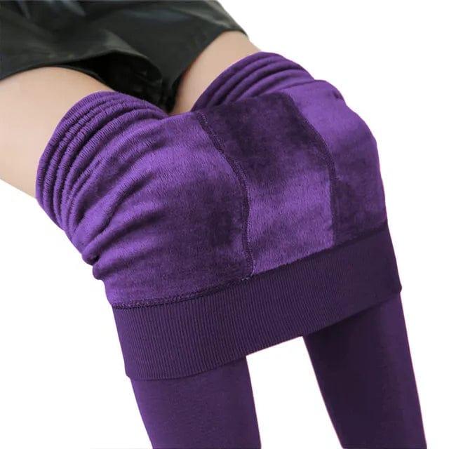 Belro fleece-lined purple leggings, soft and warm, shown on a model, ideal for cold weather comfort and stylish casual wear.