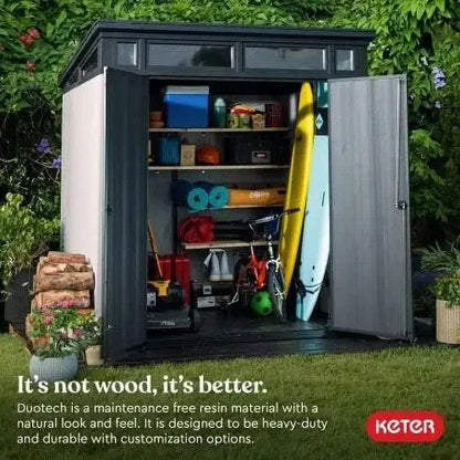 Gray Keter outdoor storage shed by Casavibeo, 7x7 ft plastic resin shed for house, patio, and yard storage.