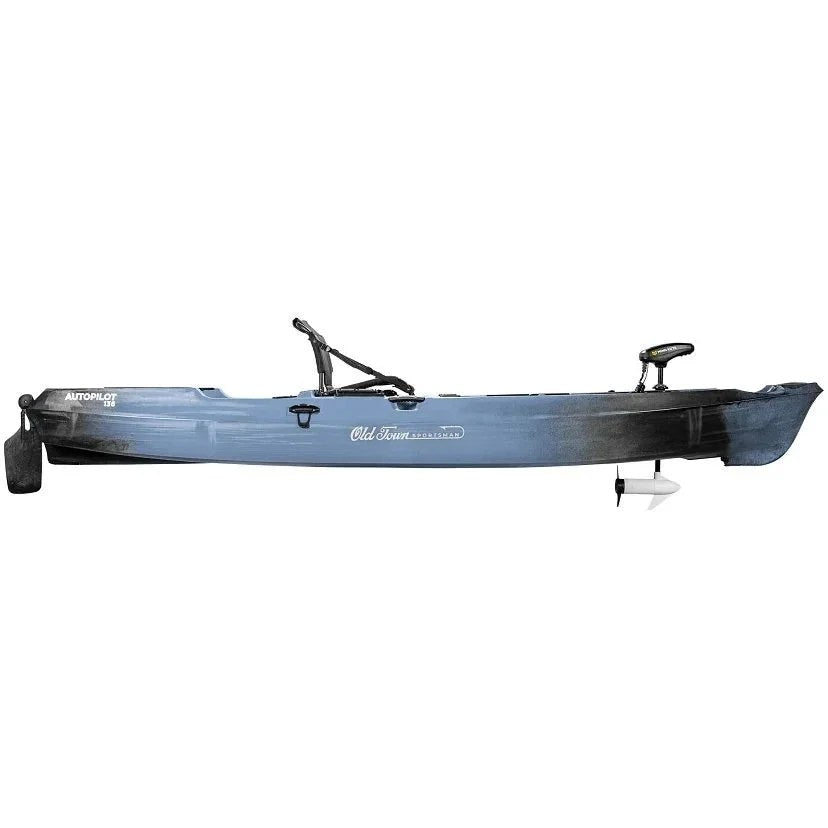 Casavibeo Old Town Sportsman AutoPilots 136 kayak with adjustable seat and paddle, shown on calm water with scenic background.