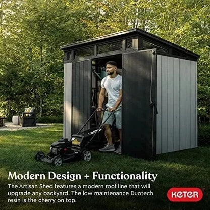 Gray Keter outdoor storage shed by Casavibeo, 7x7 ft plastic resin design for house, patio, and yard storage.