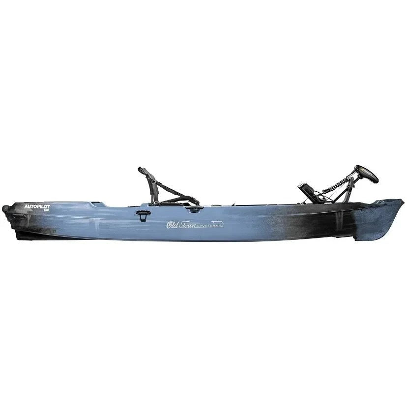 Casavibeo Old Town Sportsman AutoPilots 136 fishing kayak with adjustable seat and paddle, shown on water with gear setup.