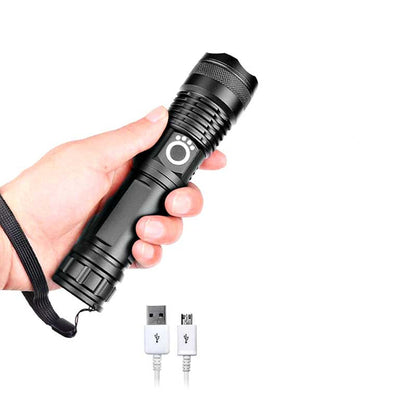 Belro USB powerful flashlight torch with adjustable beam and compact design, suitable for outdoor and emergency lighting.