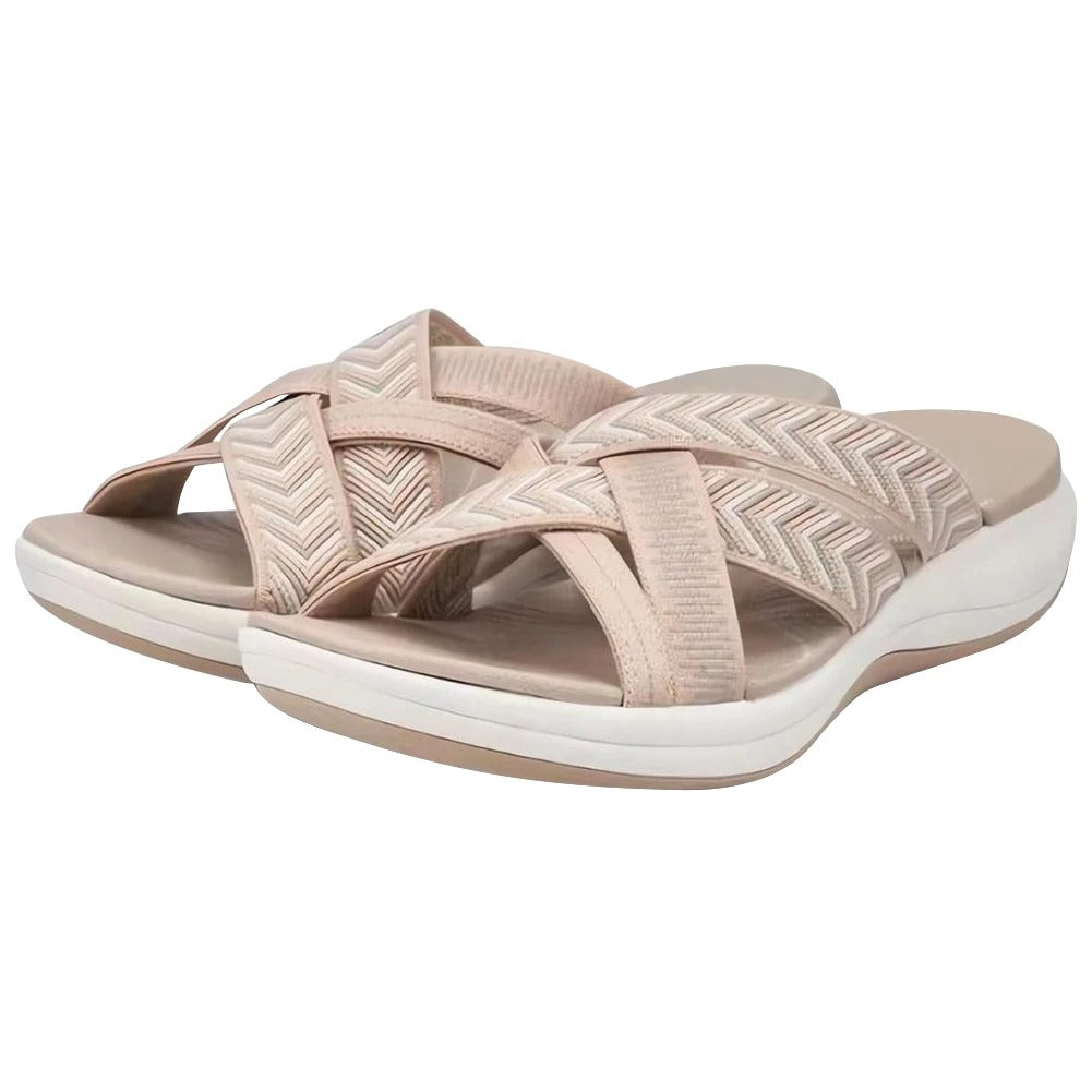 Beige Mivoza orthopedic sandals with arch support, adjustable strap, open toe, and comfort sole for supportive home footwear.